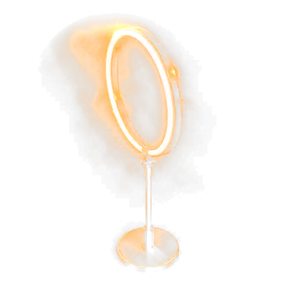 Un ring light aprins, văzut din profil.