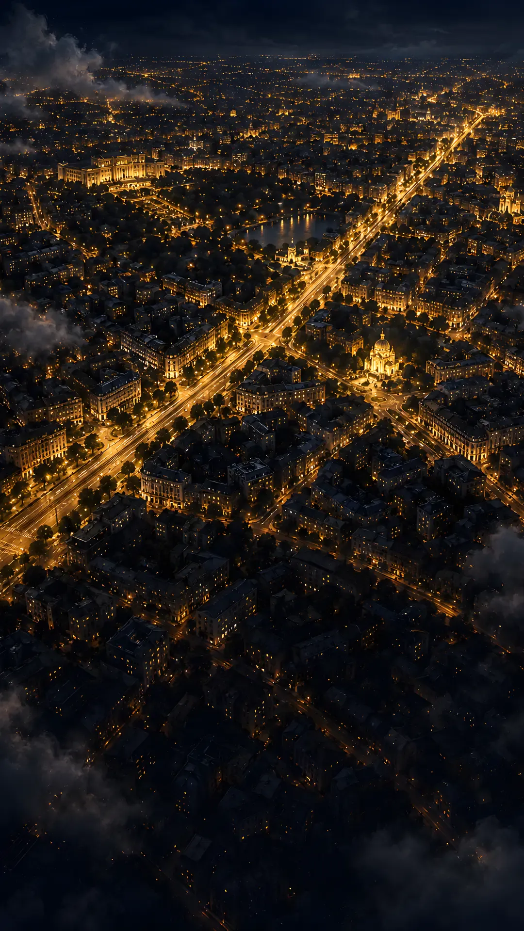 Estul Bucureștiului noaptea, văzut de sus, cu Șoseaua Mihai Bravu luminată.